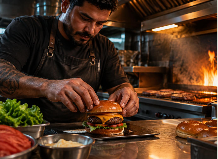 Chapeiro montando um hambúrguer na cozinha